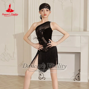 Latin Dance Dress, Girls Black One Shoulder Lace Fringe Velvet Ballroom Competition Costume