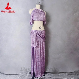 Belly Dance Costume, Women's, Lavender Sequin Halter Crop Top and Draped Slit Maxi Skirt, Performance Wear
