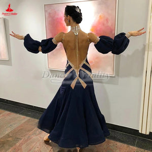 Women's Navy Blue Ballroom Dance Dress with Rhinestone Embellishments and Puffed Sleeves