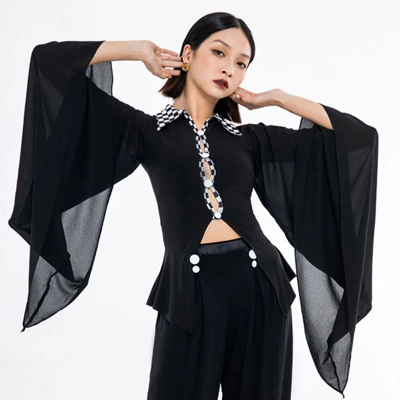 Women's Black Checkered Collar Bell Sleeve Flowy Top & Wide Leg Pants Latin Dancewear