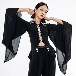 Women's Black Checkered Collar Bell Sleeve Flowy Top & Wide Leg Pants Latin Dancewear