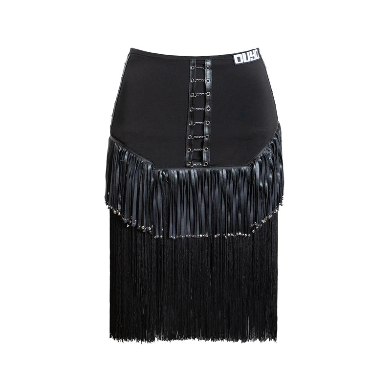 Women's Black Fringe Latin Dance Top and Skirt Set with Lacing Detail, Mesh Neckline