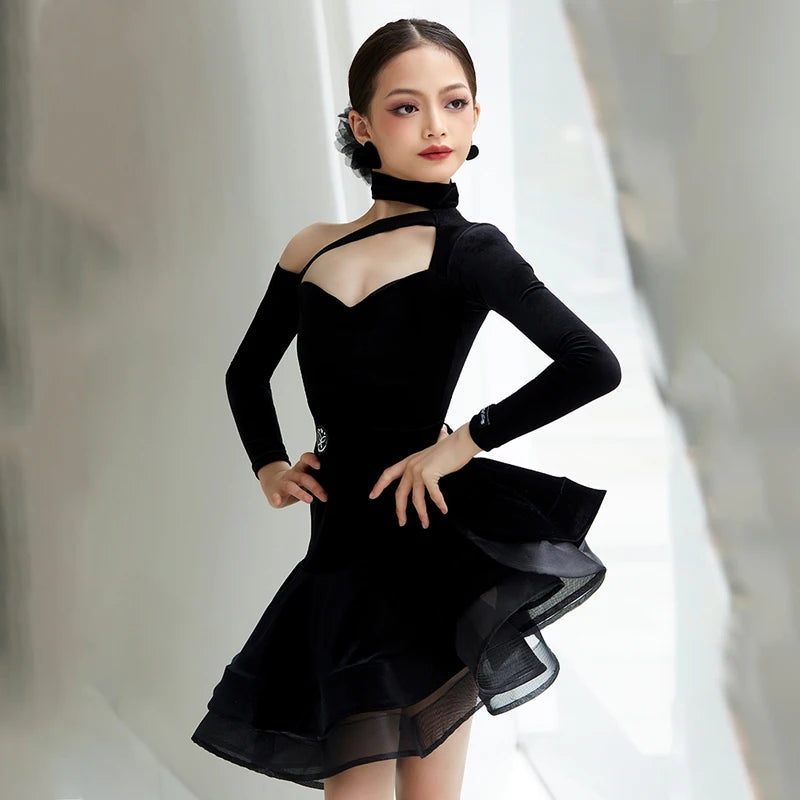 Girls Black Velvet Off-Shoulder Latin Dance Dress with Choker Neckline and Tiered Skirt