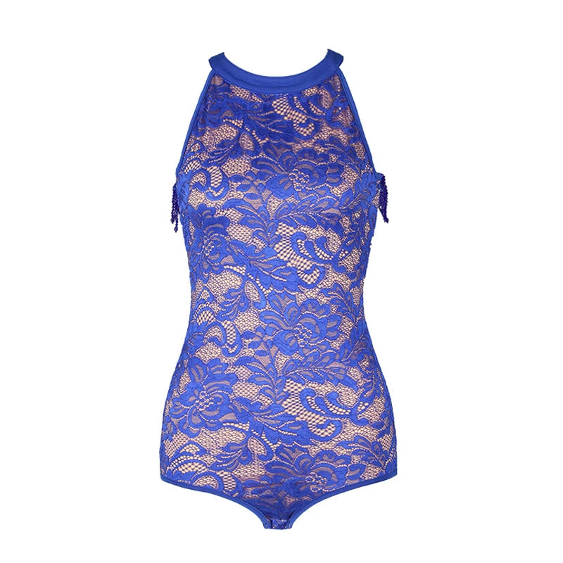 Women's Black Lace Halter Bodysuit with Fringe Latin Dance Skirt