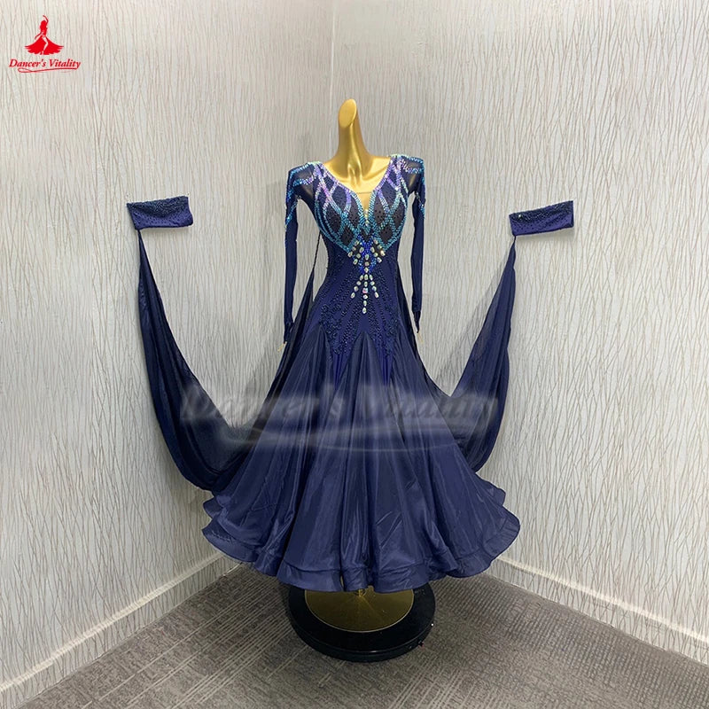 Social Dance Dark Blue Long Sleeves Professional Modern Big Swing Dresses Customized Adult Waltz Foxtrot Tango Contest Clothing