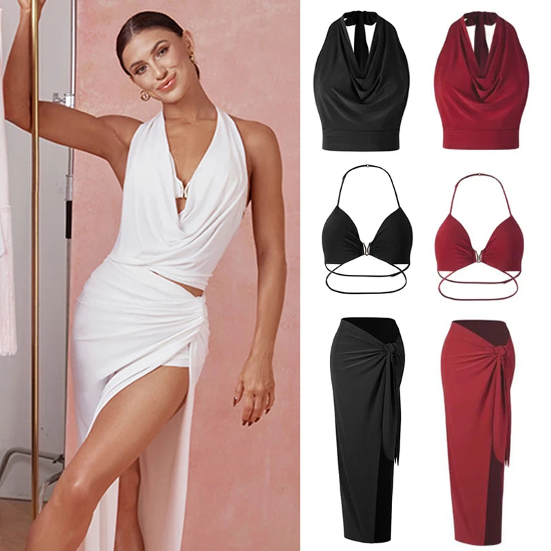 Women's White Halter Neck Draped Cowl Neck High Slit Ruched Maxi Dress for Latin Dance