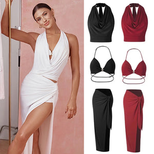 Women's White Halter Neck Draped Cowl Neck High Slit Ruched Maxi Dress for Latin Dance