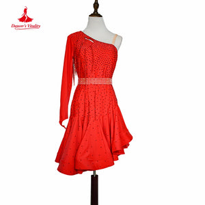 Women's Fuchsia One-Shoulder Rhinestone Fringe Latin Dance Dress