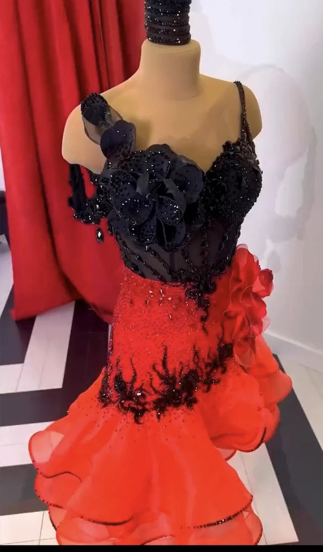 Women's Red and Black Beaded Ruffle Latin Dance Dress with Floral Appliques