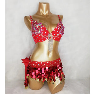 Women's Blue Sequin Beaded Fringe Belly Dance Costume Bra and Belt Set