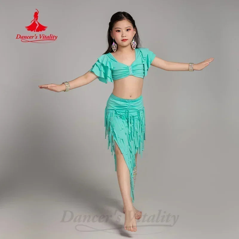 Girls Aqua Belly Dance Costume, Ruffled Crop Top, Fringe Skirt with Slit, Performance Wear