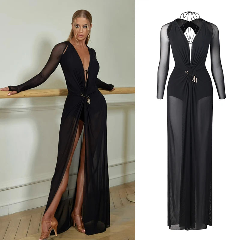 Women's Black Mesh Long Sleeve Deep V-Neck Sheer Maxi Ballroom Latin Dance Dress