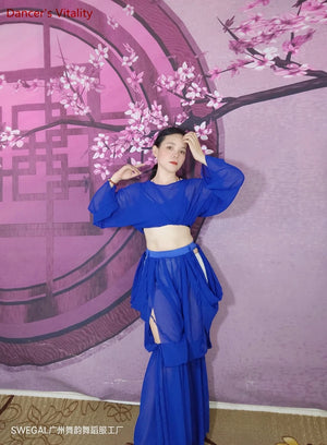 Belly Dance Women's Royal Blue Sheer Chiffon Cropped Top and Flowy Skirt Set with Side Slits