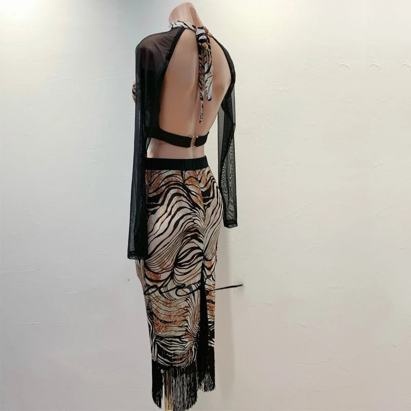 Latin Dance Dress, Women's Black/White & Red/Black Tiger Print Fringe Skirt Set, Mesh Sleeves, Ballroom Dance