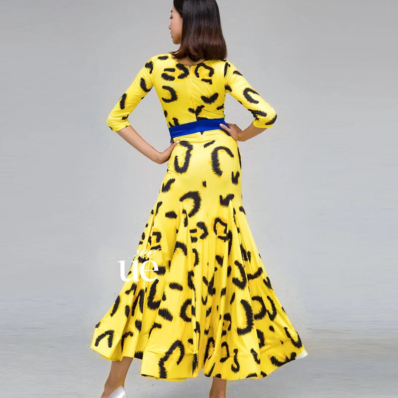 Women's Yellow Leopard Print Long Sleeve Ballroom Dance Dress with Blue Belt