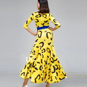 Women's Yellow Leopard Print Long Sleeve Ballroom Dance Dress with Blue Belt