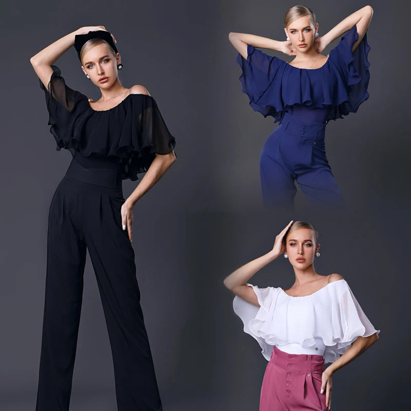 Women's Black Chiffon Off-Shoulder Ruffle Top & Wide-Leg Pants Latin Dancewear Set