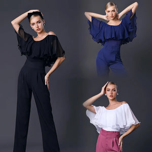 Women's Black Chiffon Off-Shoulder Ruffle Top & Wide-Leg Pants Latin Dancewear Set