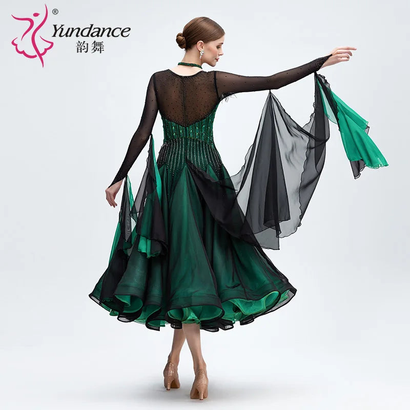 Women's Long Standard Ballroom Dance Dress In Chiffon With Rhinestones For Competition
