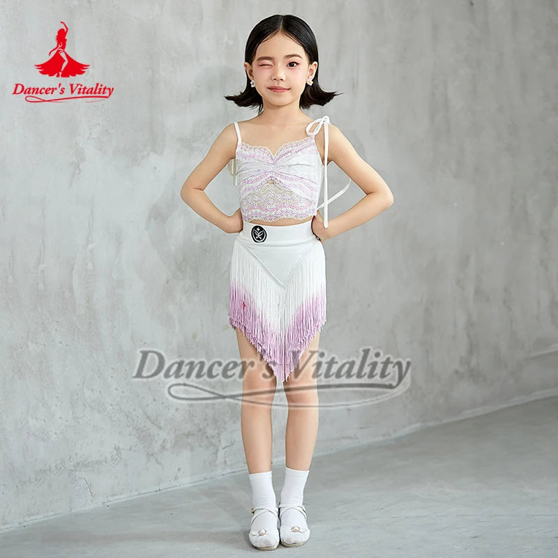 Girls White & Pink Sequin Fringe Latin Dance Dress, Spaghetti Strap Crop Top & Asymmetrical Skirt Set