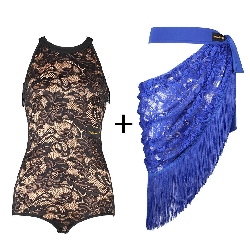 Women's Black Lace Halter Bodysuit with Fringe Latin Dance Skirt