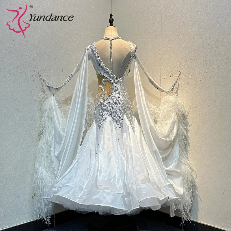 Women's Standard Ballroom Dance Dress In Chiffon With Ostrich Feathers For Competition