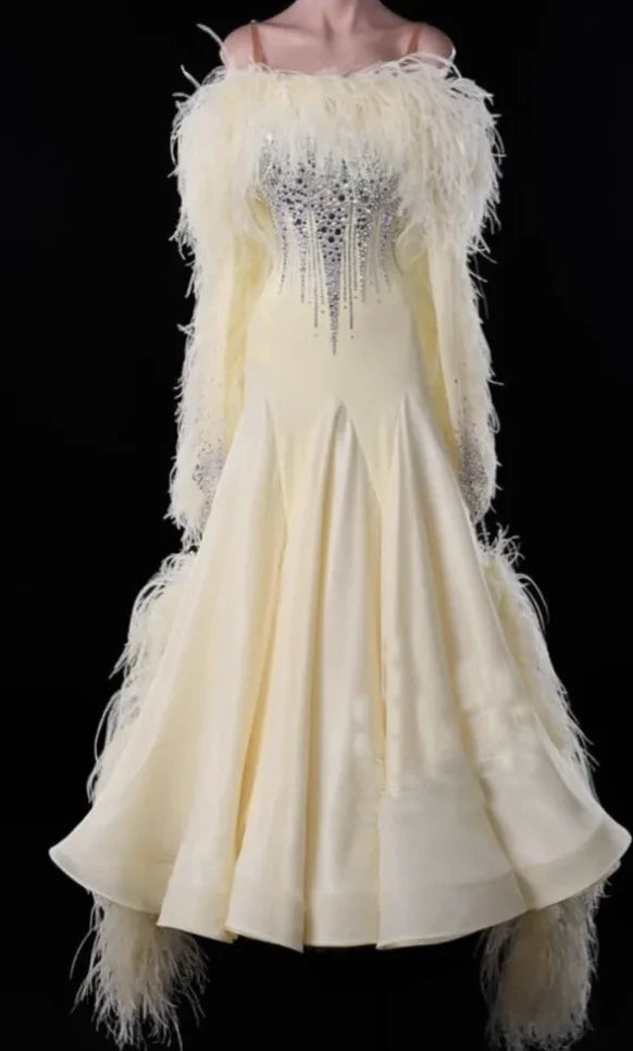 Ballroom Dance Dress Women's Ivory Rhinestone & Feather Embellished Standard Smooth Gown
