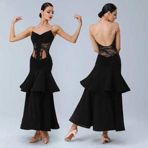 Women's Black Lace & Ruffled Latin Dance Dress with Open Back