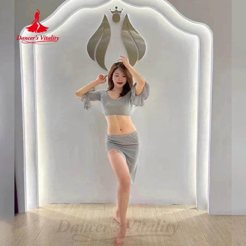 Women's Belly Dance Costume Set 2-Piece Flare Sleeve Top & Asymmetrical Short Skirt For Performance