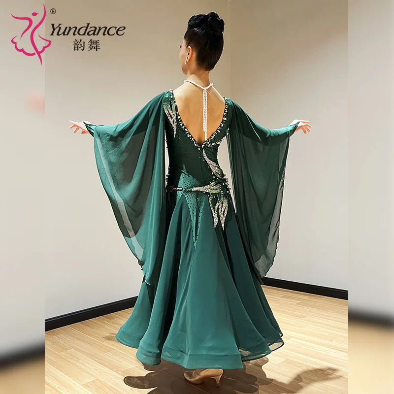 Women's Standard Ballroom Dance Dress With Chiffon Fabric In Green For Performance