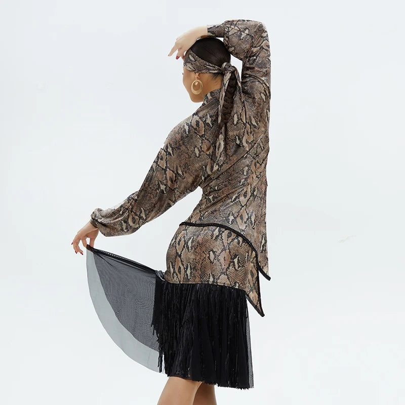 Women's Brown Snake Print Choker Neck Long Sleeve Top and Black Fringe Skirt Latin Dance Set