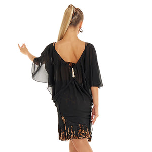 Women's Black Chiffon Batwing Sleeve Top with Leopard Print Fringe Latin Dance Skirt