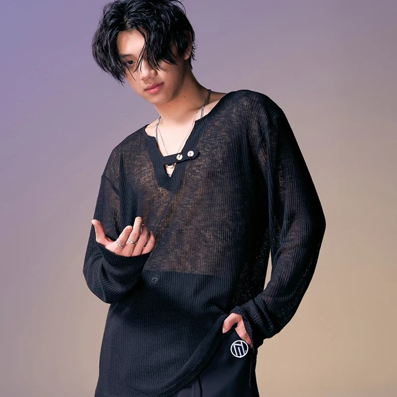 Men's Beige Ribbed Henley Long Sleeve Shirt with Black Wide-Leg Pants - Hip-Hop Dancewear