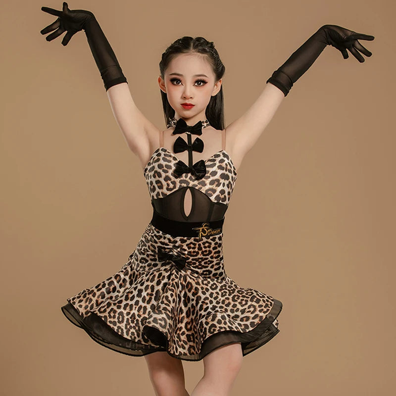 Girls Leopard Print Mesh Latin Dance Dress with Gloves
