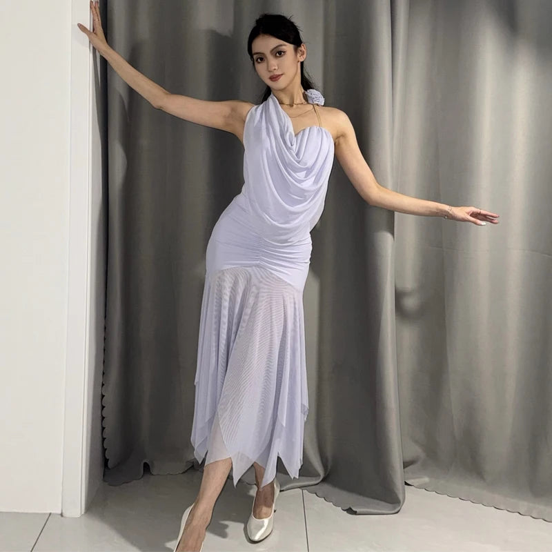 Women's White Halter Neck Ruffled Mesh Hem Latin Dance Dress