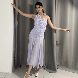 Women's White Halter Neck Ruffled Mesh Hem Latin Dance Dress