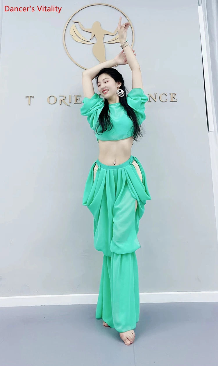 Women's Belly Dance Training Outfit With Long-Sleeve Top And Chiffon Lantern Pants