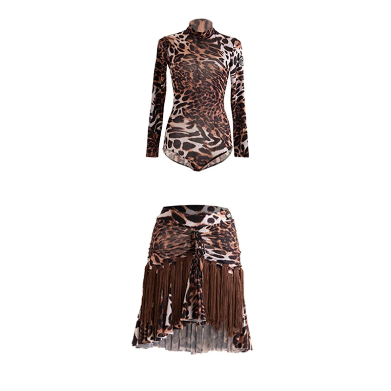Women's Leopard Print Mesh Long Sleeve Bodysuit with Fringe Skirt Latin Dancewear