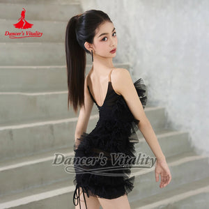 Dance Dress Women's Light Blue Ruched Ruffled Mesh Mini Dress, Dance Dress Women's Black Ruched Mesh Mini Dress, Latin Salsa Rumba Dancewear