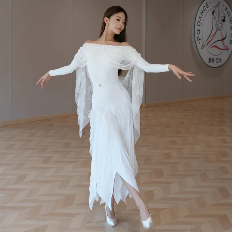 Women's White Off-Shoulder Long Sleeve Lace Ballroom Dance Dress with Asymmetrical Skirt