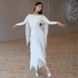 Women's White Off-Shoulder Long Sleeve Lace Ballroom Dance Dress with Asymmetrical Skirt