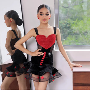 Girls Black & Red Velvet Glitter Heart Mesh Latin Dance Dress