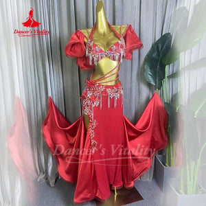 Belly Dance Costume Set With AB Rhinestone Bra Top & Tassel Fishtail Long Skirt For Kids & Adults Performance