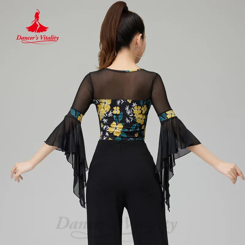Women's Black & Yellow Floral Mesh Bell Sleeve Latin Dance Top