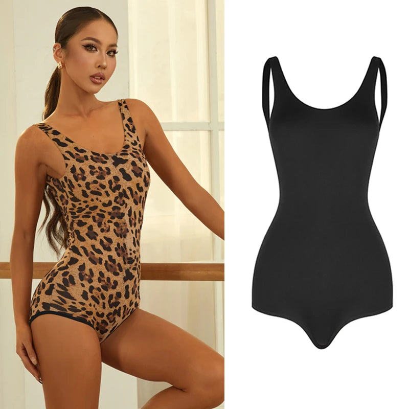 Women's Leopard Print Scoop Neck Sleeveless Leotard for Ballet Dance