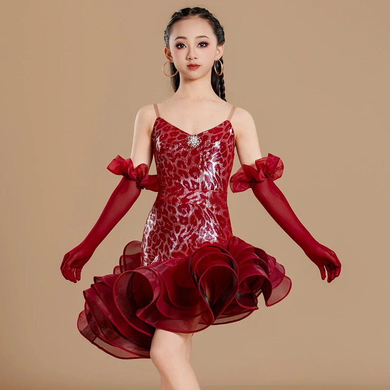 Latin Dance Dress Girls Red Leopard Print Ruffled Sleeveless Spandex Ballroom Costume, Latin Dance Dress Girls Blue Leopard Print Ruffled Sleeveless Spandex Ballroom Costume
