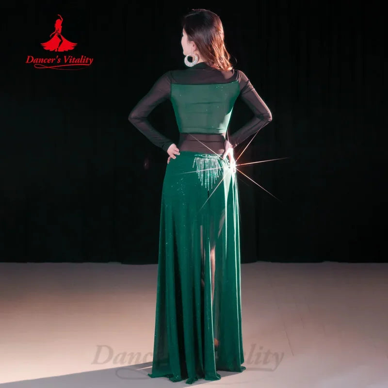 Belly Dance Costume Womens Black Sequin Bustier Top & Slit Skirt Set with Rhinestone Tassel Mask