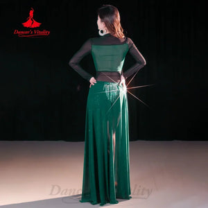 Belly Dance Costume Womens Black Sequin Bustier Top & Slit Skirt Set with Rhinestone Tassel Mask