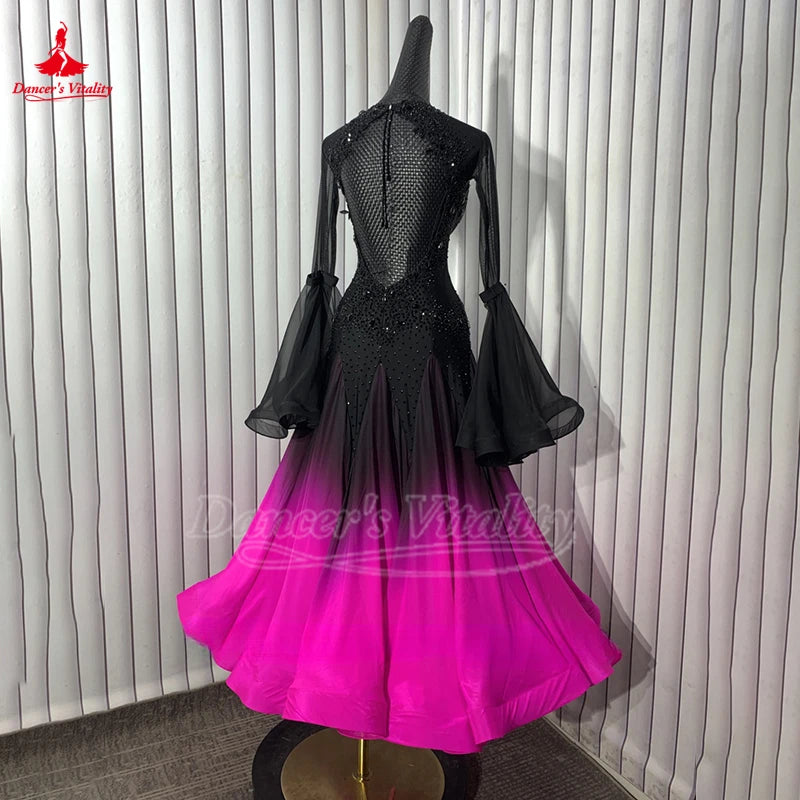 Adult Social Dance Long Sleeve Gradual Change Color Big Swing Dress Blackpool Dance Festival Standard Waltz Professional Costume