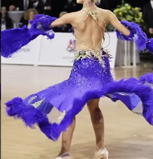 Women's Royal Blue Feathered and Bejeweled Ballroom Dance Dress